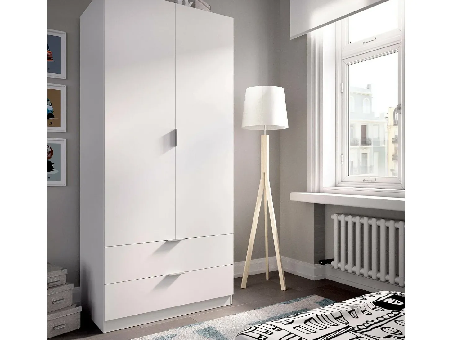 Armário Dlunin, Cabide para quarto, Armário com 2 portas de batente e 2 gavetas, 81x52h184 cm, Branco