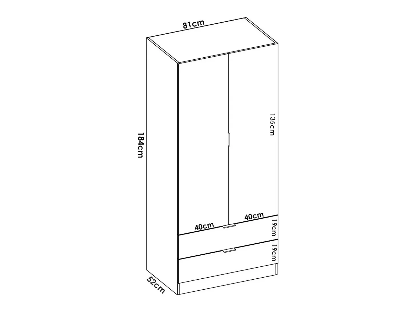 Armário Dlunin, Cabide para quarto, Armário com 2 portas de batente e 2 gavetas, 81x52h184 cm, Branco