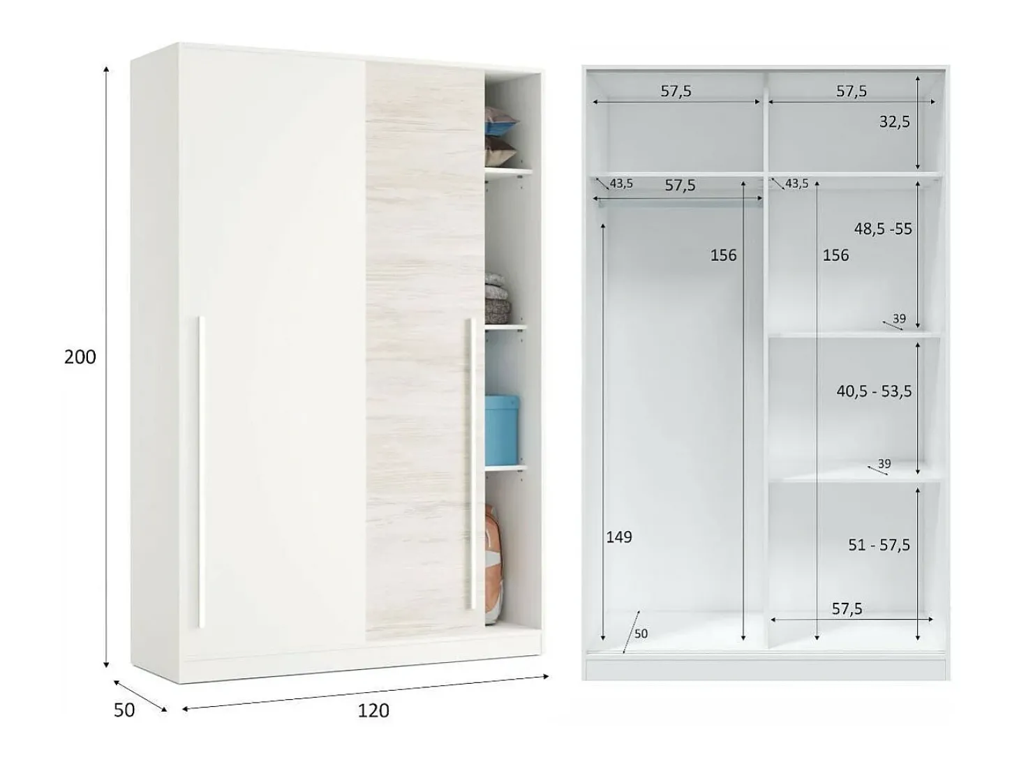 Armário Downey, Armário de quarto com 2 portas de correr, armário com barra suspensa e 3 prateleiras, 120x50h200 cm, branco antigo
