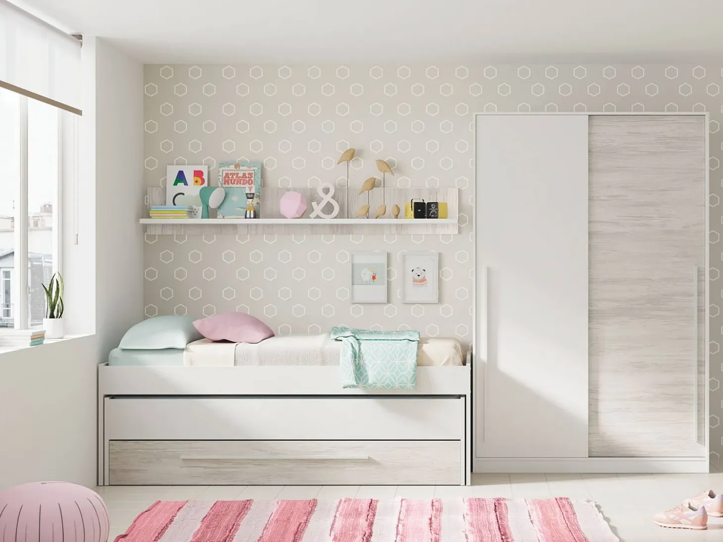 Armário Downey, Armário de quarto com 2 portas de correr, armário com barra suspensa e 3 prateleiras, 120x50h200 cm, branco antigo
