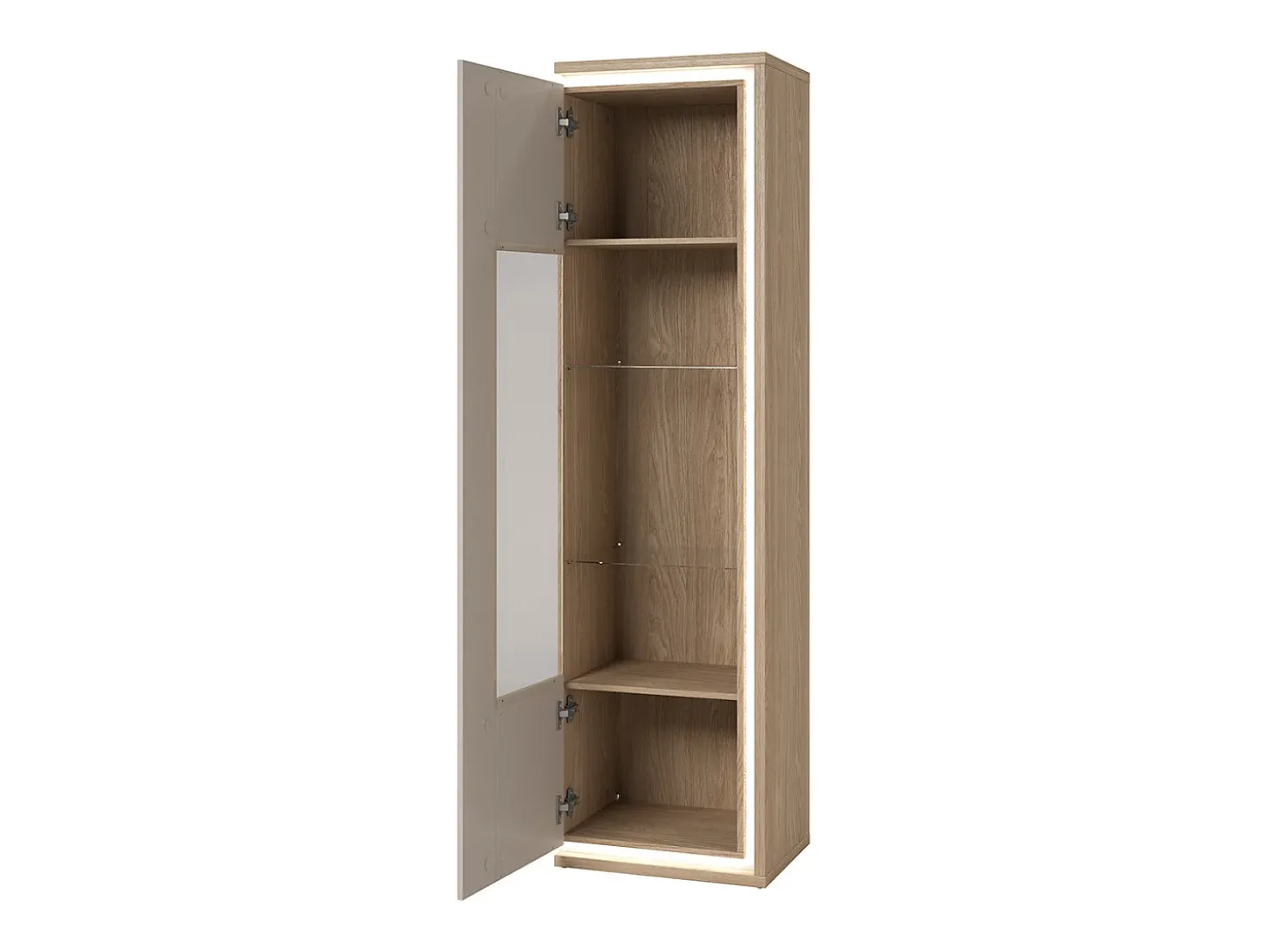 Armário expositor de 1 porta Iria Cashmere e Madeira, à esquerda