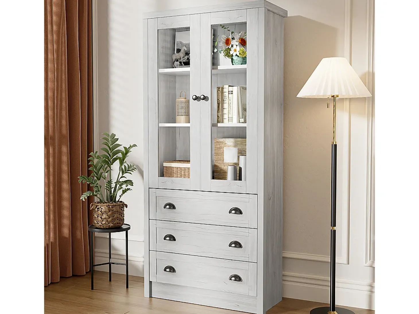 Armário expositor moderno 80x34x171 cm - Exterior em madeira, portas de vidro, 3 gavetas e puxadores em latão