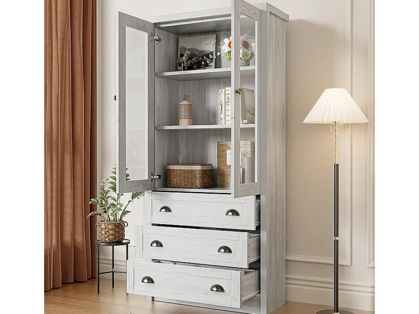 Armário expositor moderno 80x34x171 cm - Exterior em madeira, portas de vidro, 3 gavetas e puxadores em latão