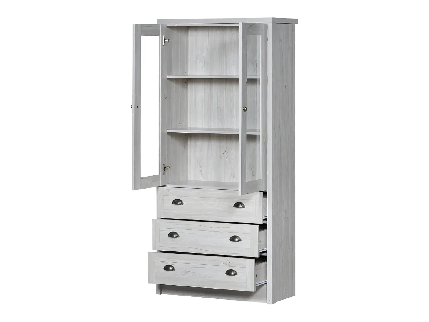 Armário expositor moderno 80x34x171 cm - Exterior em madeira, portas de vidro, 3 gavetas e puxadores em latão