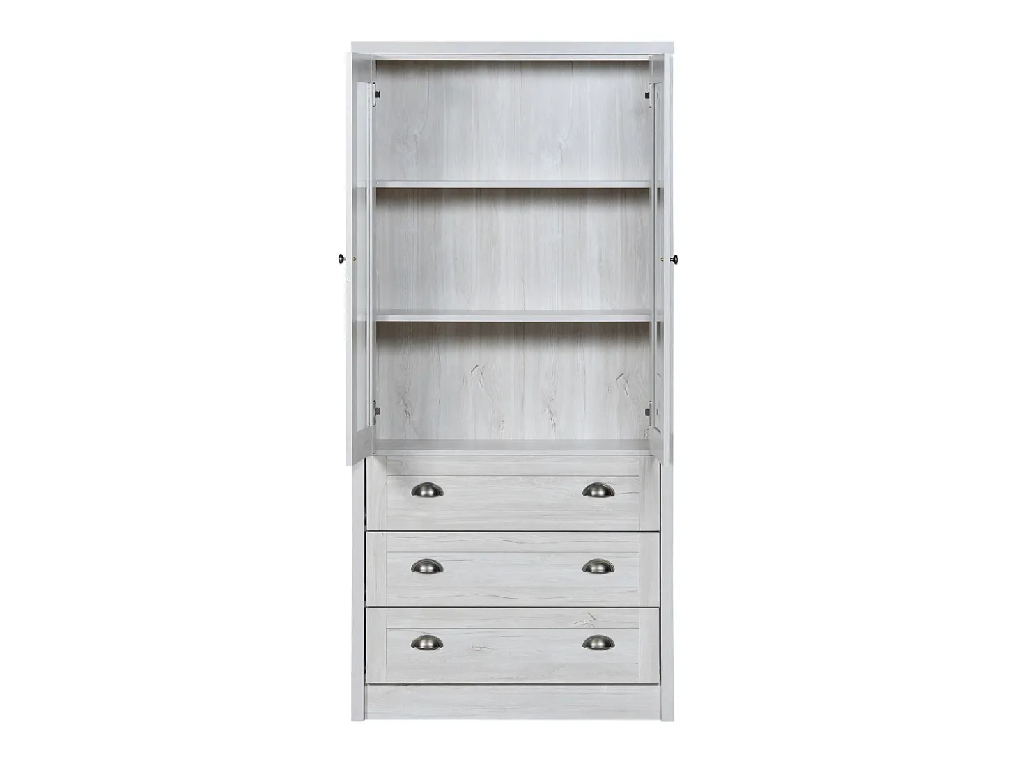 Armário expositor moderno 80x34x171 cm - Exterior em madeira, portas de vidro, 3 gavetas e puxadores em latão