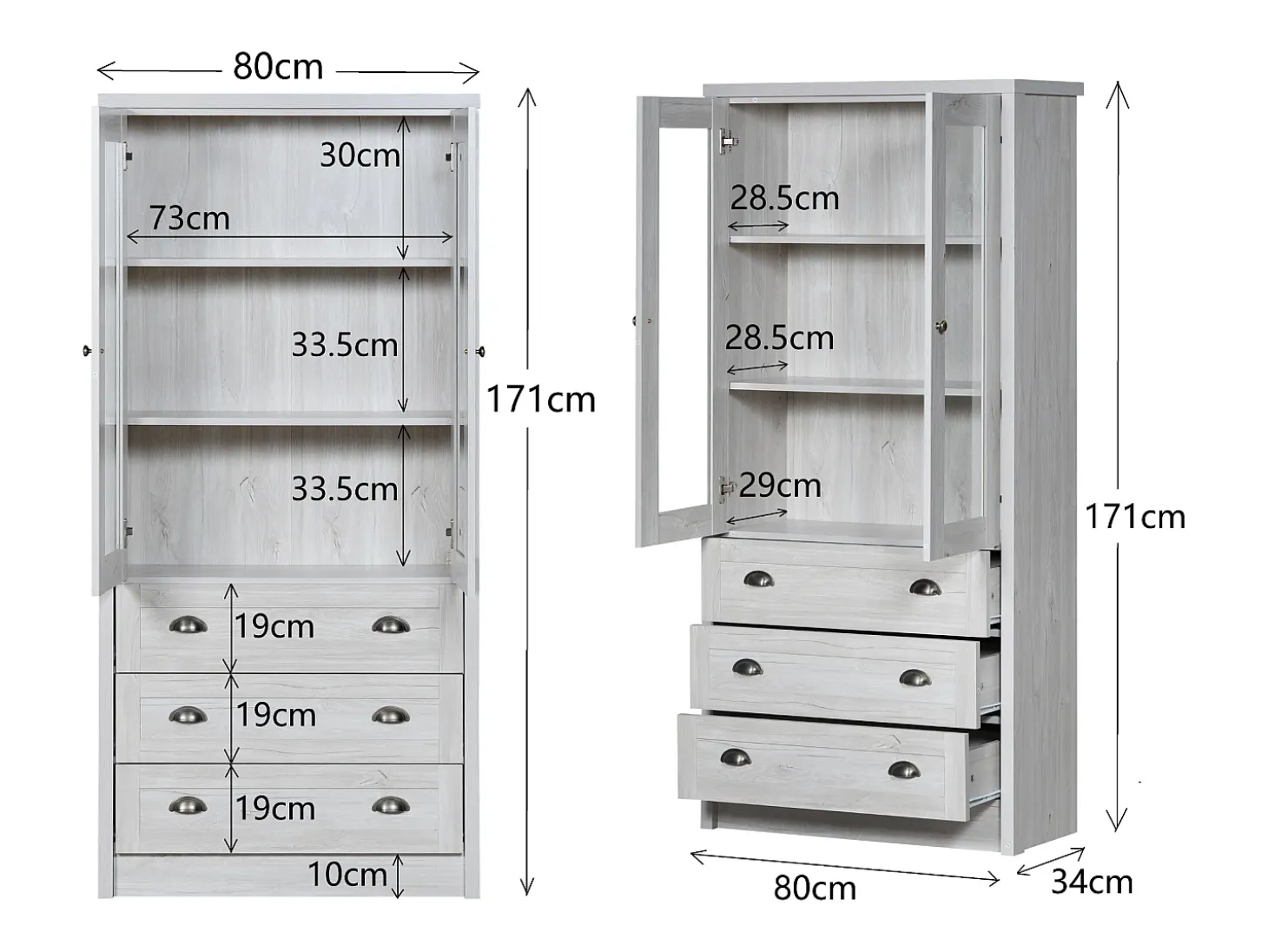 Armário expositor moderno 80x34x171 cm - Exterior em madeira, portas de vidro, 3 gavetas e puxadores em latão