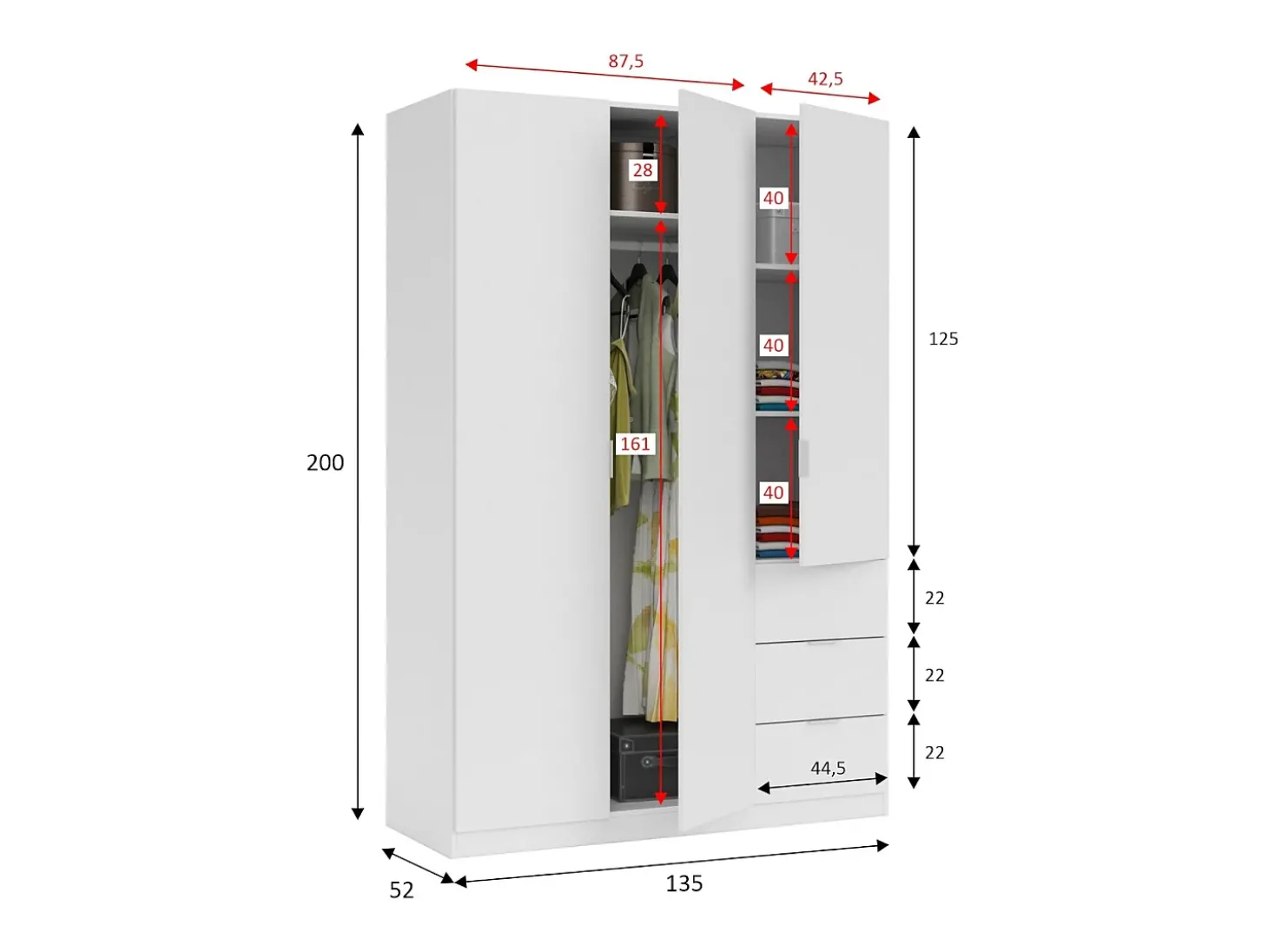 Armário Fullerton, Armário de Quarto com 3 Portas e 3 Gavetas, Armário com 3 Prateleiras e Barra Suspensa, 135x52h200 cm, Branco
