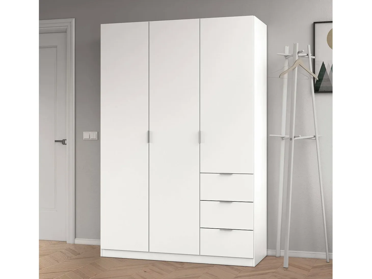 Armário Fullerton, Armário de Quarto com 3 Portas e 3 Gavetas, Armário com 3 Prateleiras e Barra Suspensa, 135x52h200 cm, Branco