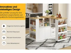 Armário giratório para bar - 115 x 50 x 92 cm - com prateleiras + 2 gavetas + mesa extensível - MDF - branco + natural