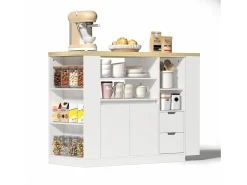 Armário giratório para bar - 115 x 50 x 92 cm - com prateleiras + 2 gavetas + mesa extensível - MDF - branco + natural