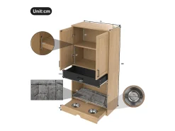 Armário multifuncional para animais de estimação, 160 cm, com comedouro, cama, espaço de armazenamento e ganchos.