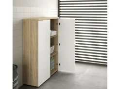 Armário multiuso Dlupp, Armário multiuso com 2 portas, Sapateira com 3 prateleiras, Sapateira moderna, 80x33h119 cm, Carvalho e Branco