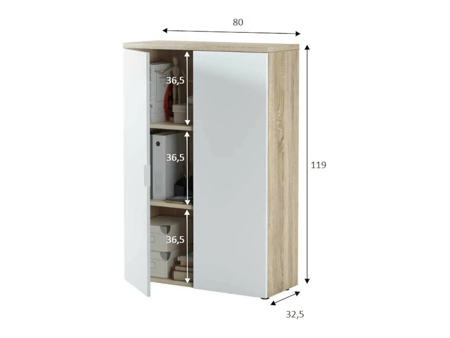 Armário multiuso Dlupp, Armário multiuso com 2 portas, Sapateira com 3 prateleiras, Sapateira moderna, 80x33h119 cm, Carvalho e Branco