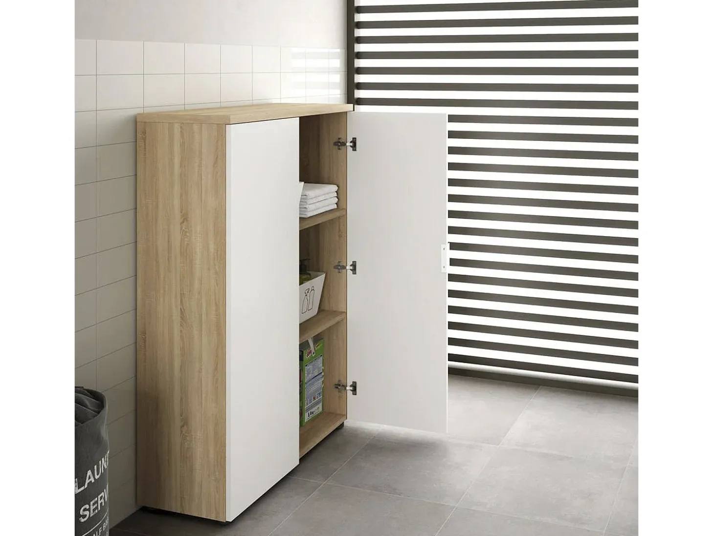 Armário multiuso Dlupp, Armário multiuso com 2 portas, Sapateira com 3 prateleiras, Sapateira moderna, 80x33h119 cm, Carvalho e Branco