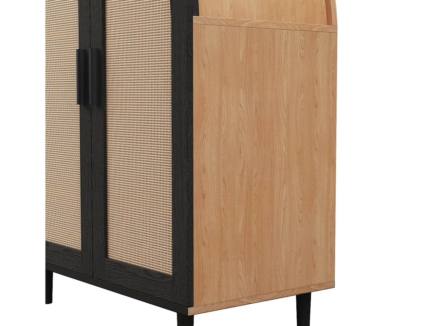 Armário para sapatos 70×40×100 cm - design curvado - 2 portas em vime - 3 prateleiras - natural + preto