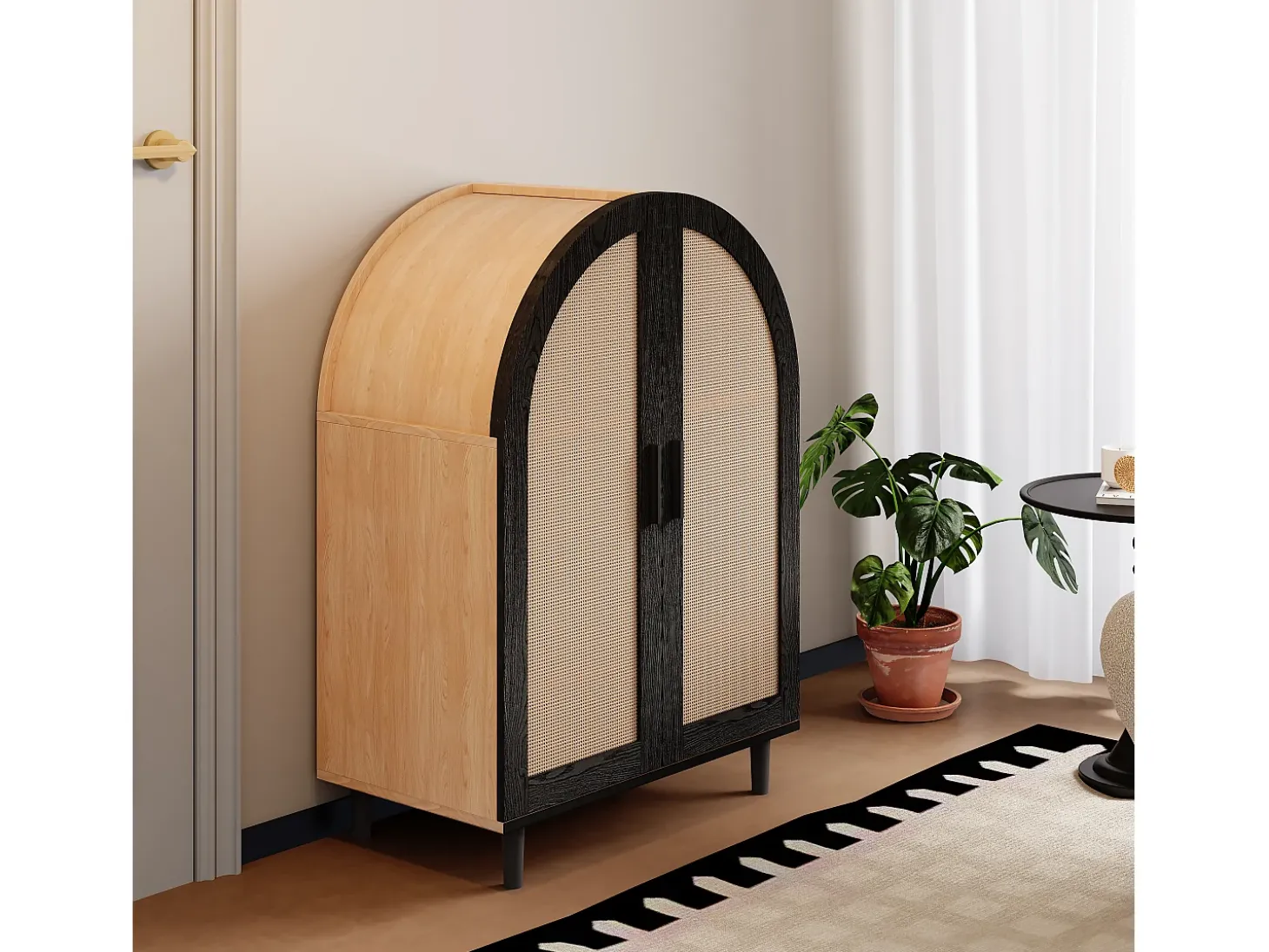 Armário para sapatos 70×40×100 cm - design curvado - 2 portas em vime - 3 prateleiras - natural + preto
