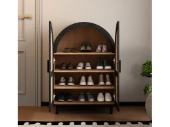 Armário para sapatos 70×40×100 cm - design curvado - 2 portas em vime - 3 prateleiras - natural + preto