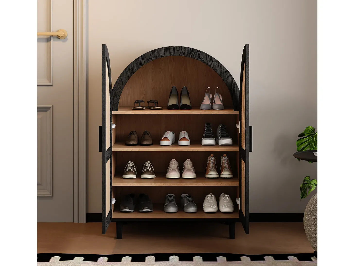 Armário para sapatos 70×40×100 cm - design curvado - 2 portas em vime - 3 prateleiras - natural + preto