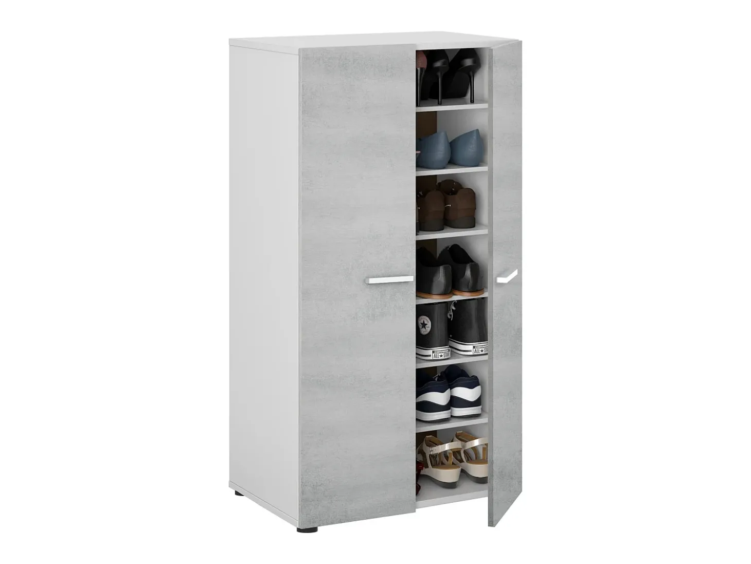 Armário para sapatos Cloe - 2 portas - 6 prateleiras - Efeito betão - Branco e cimento - L55 x P36 x A103 cm