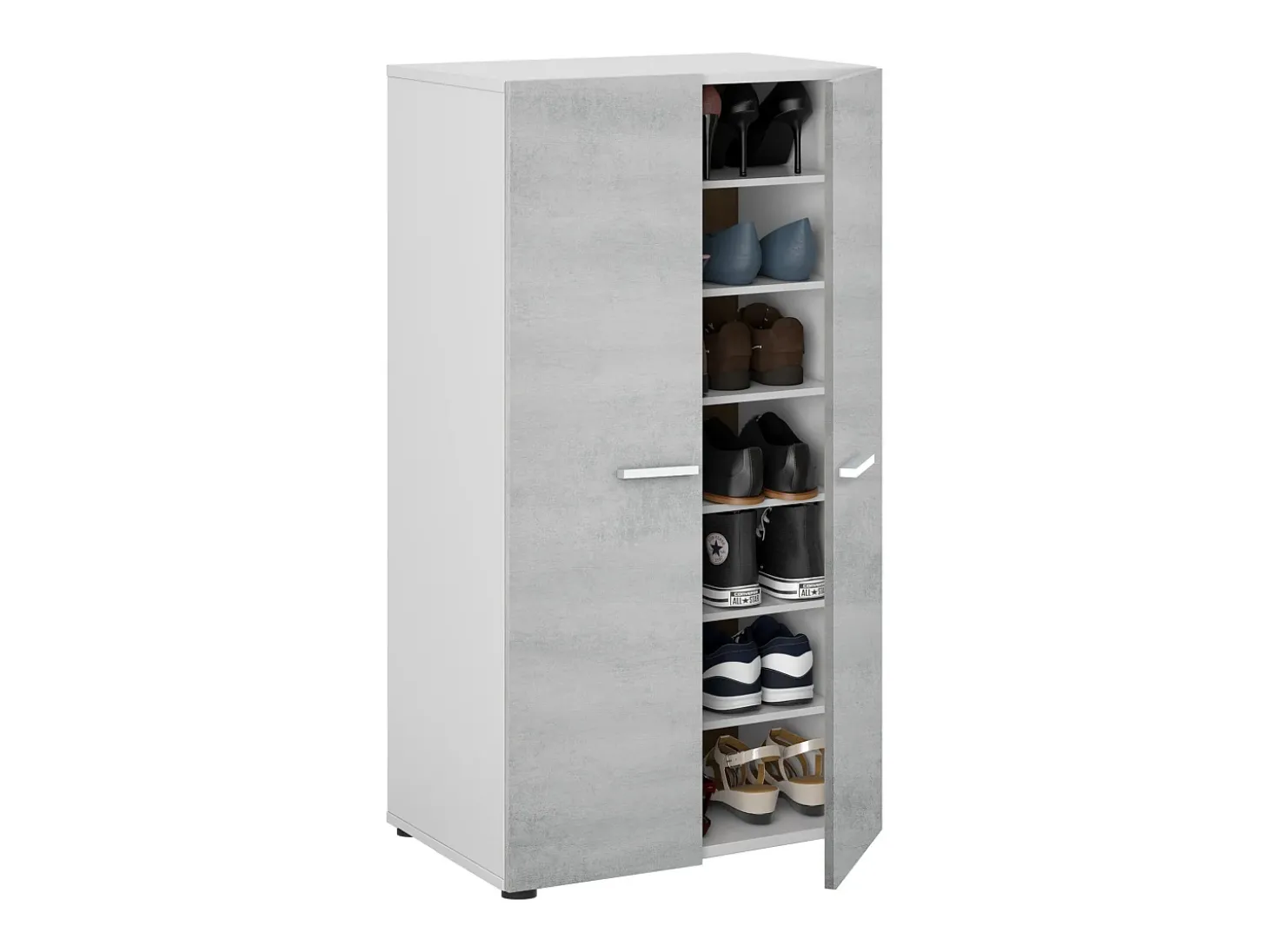 Armário para sapatos Cloe - 2 portas - 6 prateleiras - Efeito betão - Branco e cimento - L55 x P36 x A103 cm