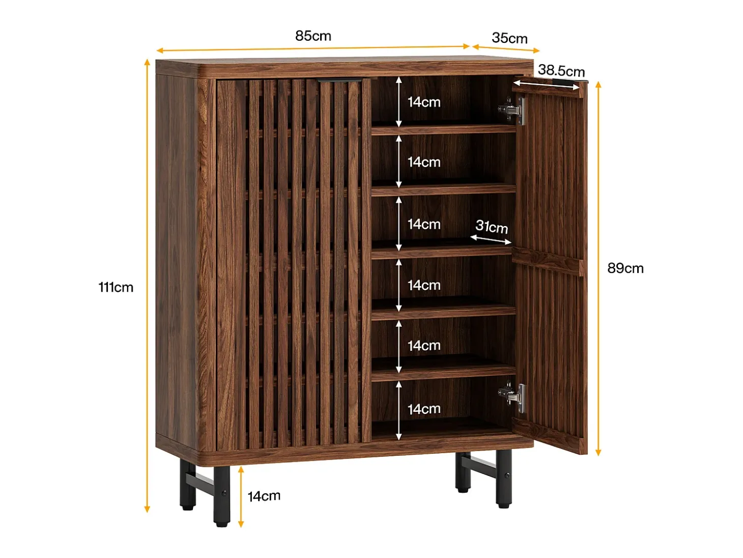 Armário para sapatos de quinta com 6 níveis e portas em persiana, Rack organizador de sapatos com prateleiras ajustáveis, Marrom