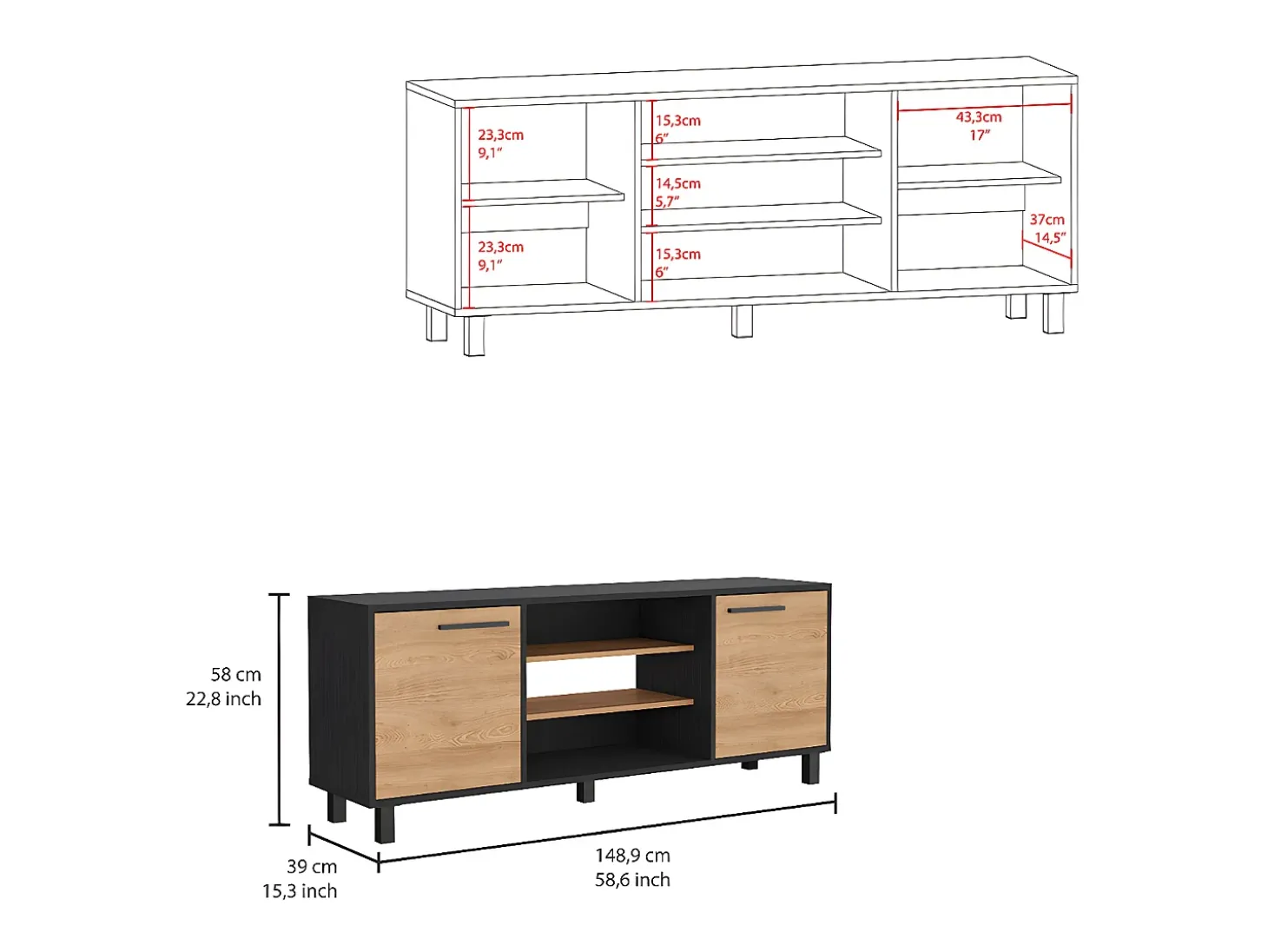 Armário para TV Kaia com arrumação multimédia, 57.98 cm X 148.92 cm X 38.98 cm , Preto