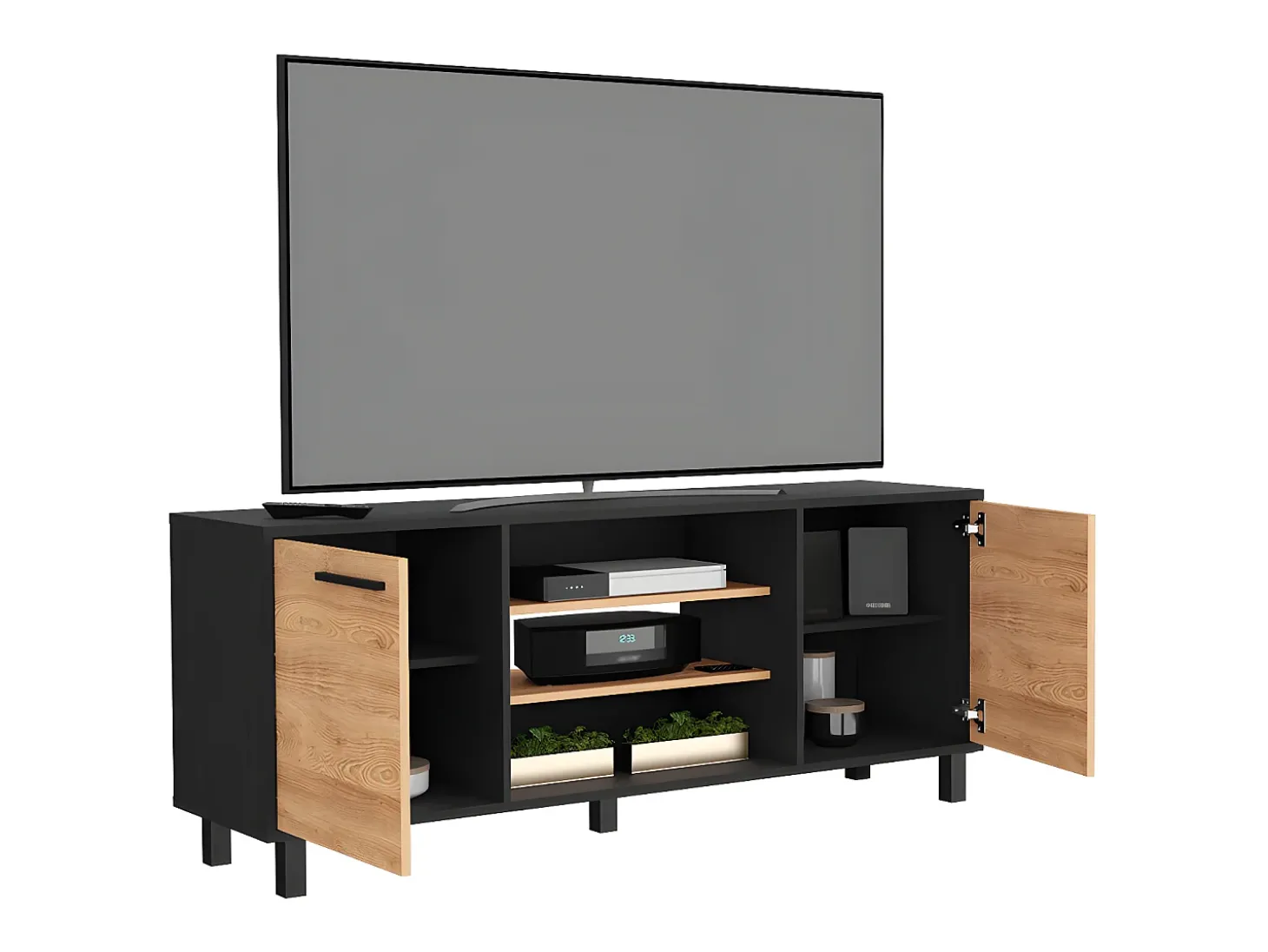 Armário para TV Kaia com arrumação multimédia, 57.98 cm X 148.92 cm X 38.98 cm , Preto