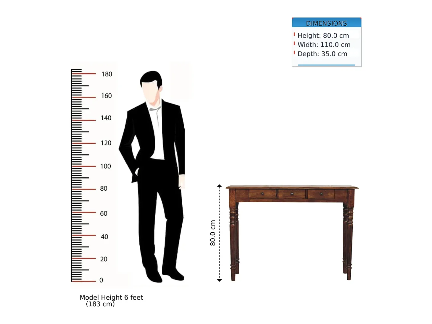 Artisan Furniture Madeira maciça Console com 3 Gavetas e Pés Torneados em Tom Castanho