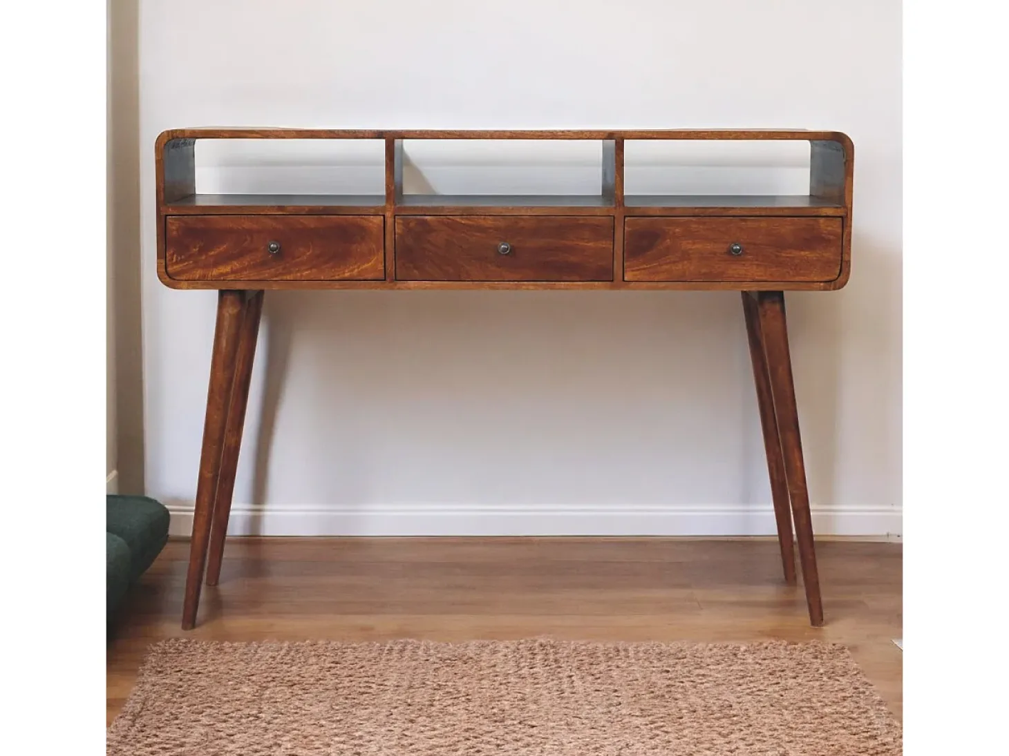 Artisan Furniture Madeira maciça Mesa Console Tripla Curva em Tom Castanho