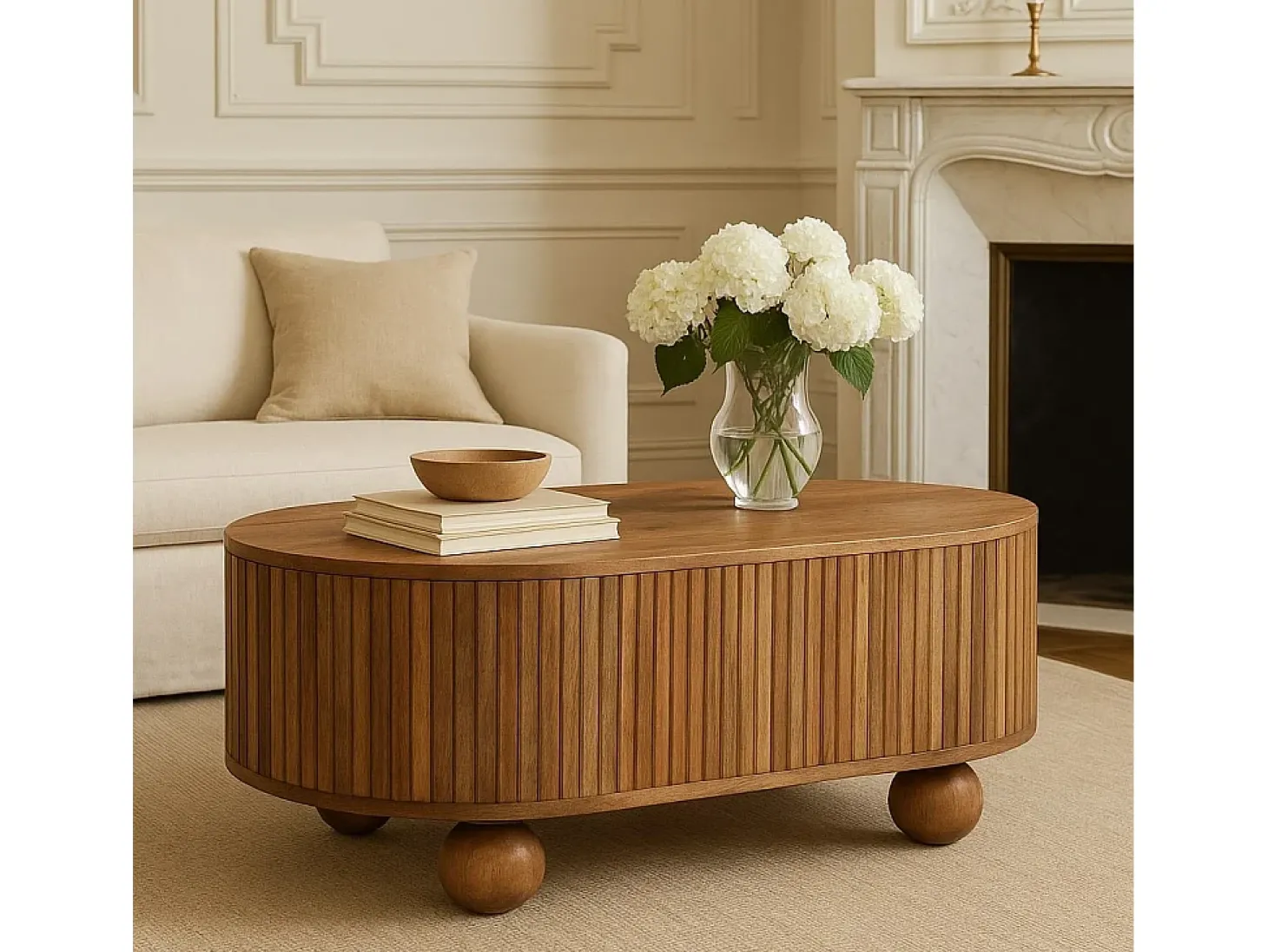 Artisan Furniture Madeira Maciça Mesa de Centro Soba Ball com Tampa Levantável, 1 Armazenamento, Bege