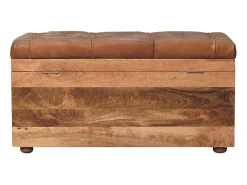 Artisan Furniture Madeira maciça Baú de Armazenamento em Couro de Búfalo e Tom de Carvalho
