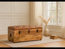 Artisan Furniture Madeira maciça Baú de Armazenamento em Couro de Búfalo e Tom de Carvalho