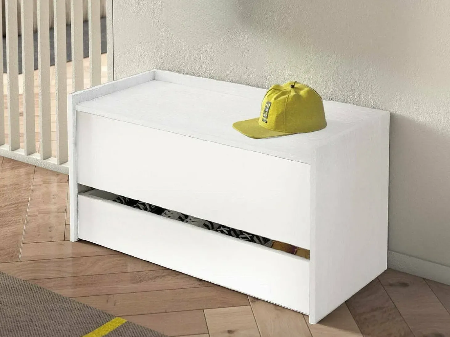 Baú Dgaiard, Móvel de entrada moderno com sapateira, Baú com dois recipientes, 100% Fabricado na Itália, 90x40h46 cm, Branco