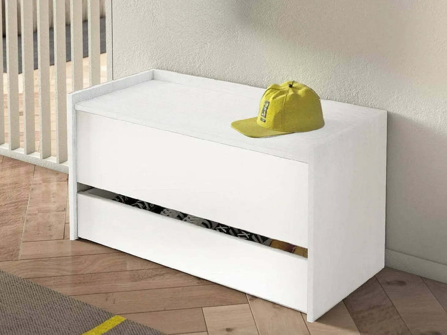 Baú Lantana, Móvel de entrada moderno com sapateira, Baú com dois recipientes, 100% Fabricado na Itália, 90x40h46 cm, Branco
