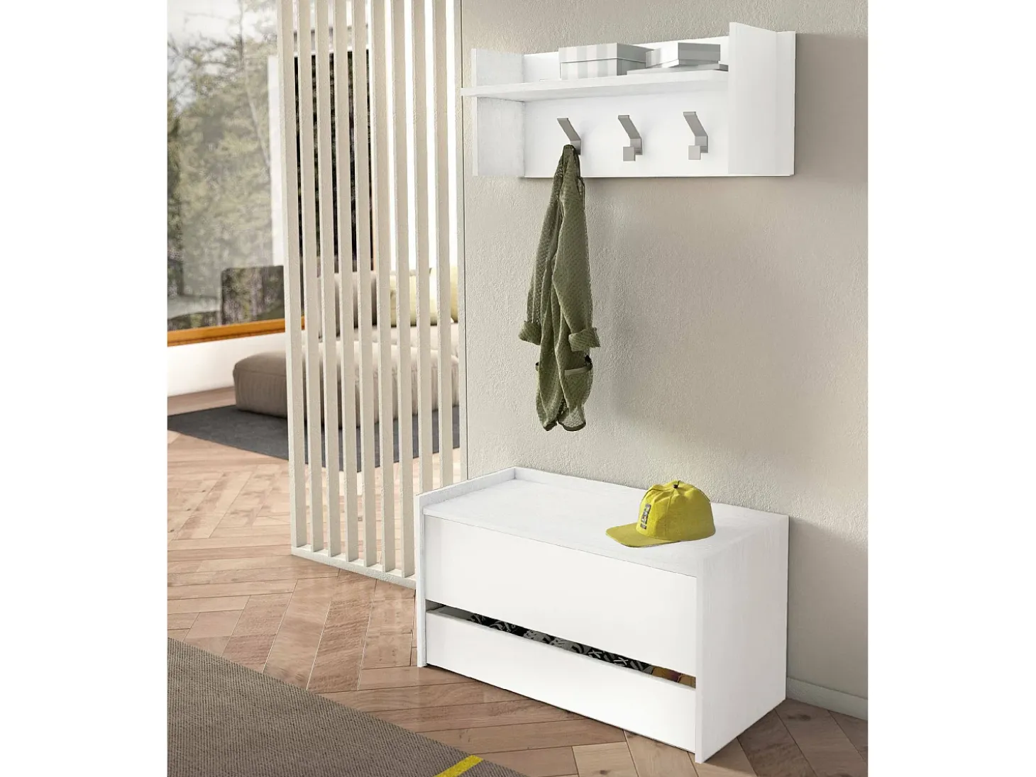 Baú Lantana, Móvel de entrada moderno com sapateira, Baú com dois recipientes, 100% Fabricado na Itália, 90x40h46 cm, Branco