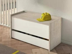 Baú Lantana, Móvel de entrada moderno com sapateira, Baú com dois recipientes, 100% Fabricado na Itália, 90x40h46 cm, Branco e Carvalho