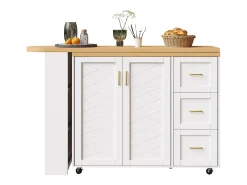 Balcão de cozinha extensível com rodízios - 135-228 x 39 x 104 cm - com 2 portas + 3 gavetas - MDF + metal - branco