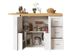 Balcão de cozinha extensível com rodízios - 135-228 x 39 x 104 cm - com 2 portas + 3 gavetas - MDF + metal - branco