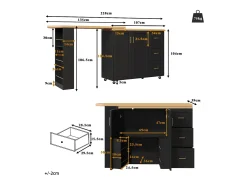 Balcão de cozinha extensível com rodízios - 135-228 x 39 x 104 cm - com 2 portas + 3 gavetas - MDF + metal - preto