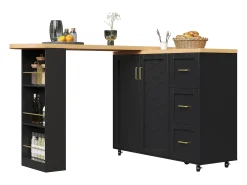 Balcão de cozinha extensível com rodízios - 135-228 x 39 x 104 cm - com 2 portas + 3 gavetas - MDF + metal - preto