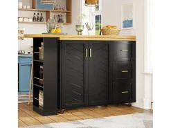 Balcão de cozinha extensível com rodízios - 135-228 x 39 x 104 cm - com 2 portas + 3 gavetas - MDF + metal - preto