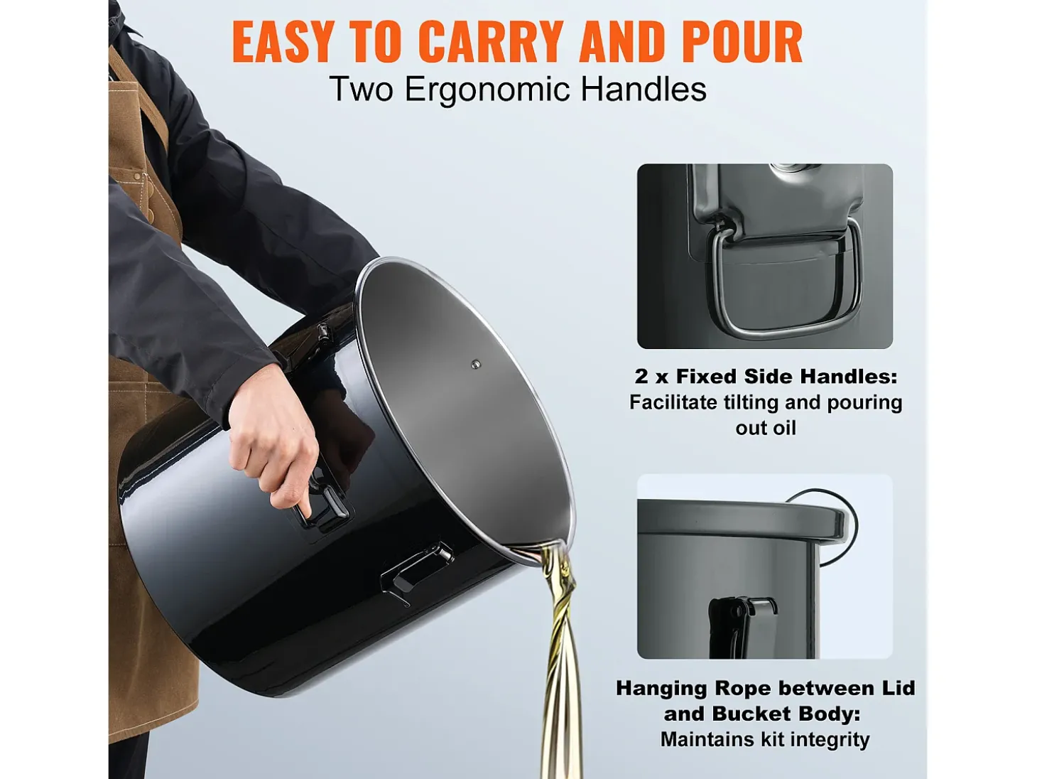 Balde de Graxa SucceBuy para Frigideira, Balde de 37 L com Bolsa Filtro, Preto, Aço Carbono com Revestimento Antiferrugem