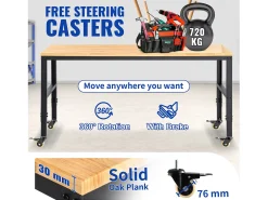 Bancada de Oficina Ajustável SucceBuy, 155x51x105 cm, Altura Ajustável 80-105 cm, com 4 Rodízios para Reparação e Bricolagem