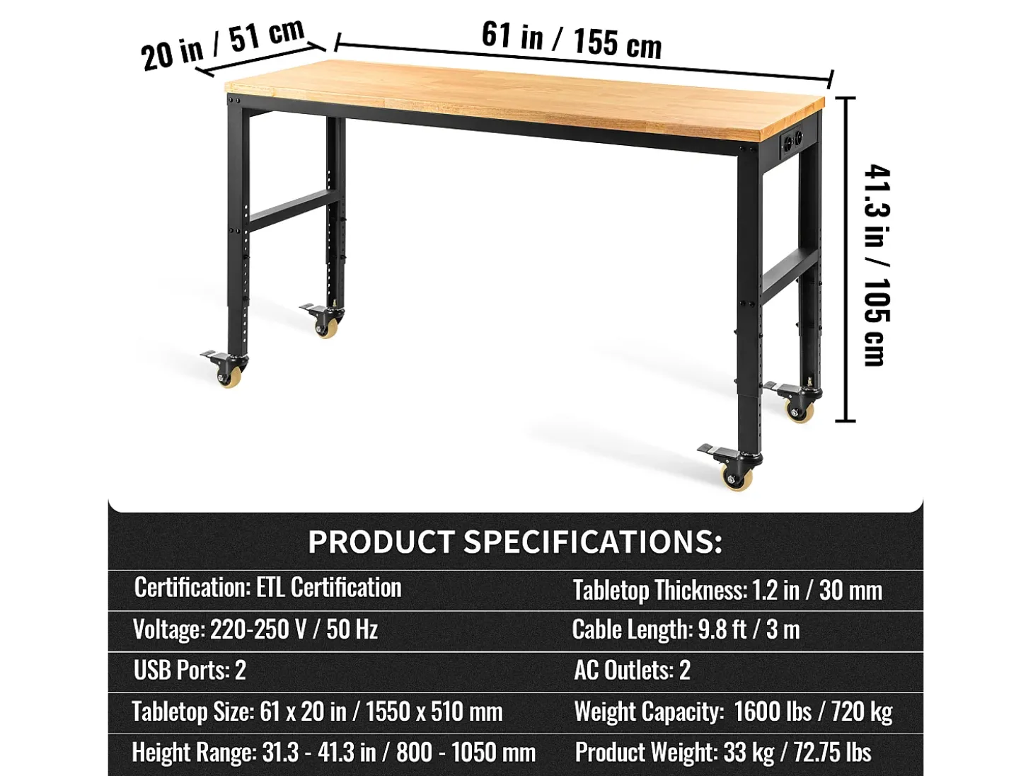 Bancada de Oficina Ajustável SucceBuy, 155x51x105 cm, Altura Ajustável 80-105 cm, com 4 Rodízios para Reparação e Bricolagem