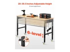 Bancada de Oficina SucceBuy, 152,4 cm, Mesa de Trabalho com Rodízios e Altura Ajustável, Capacidade de Carga 907,2 kg, em Carvalho para Escritório, Casa