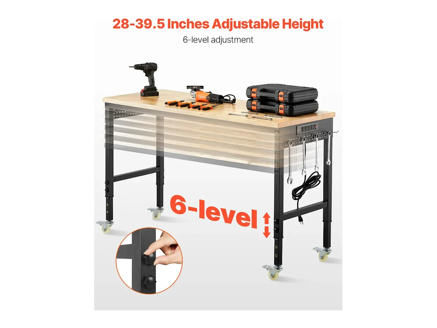 Bancada de Oficina SucceBuy, 152,4 cm, Mesa de Trabalho com Rodízios e Altura Ajustável, Capacidade de Carga 907,2 kg, em Carvalho para Escritório, Casa