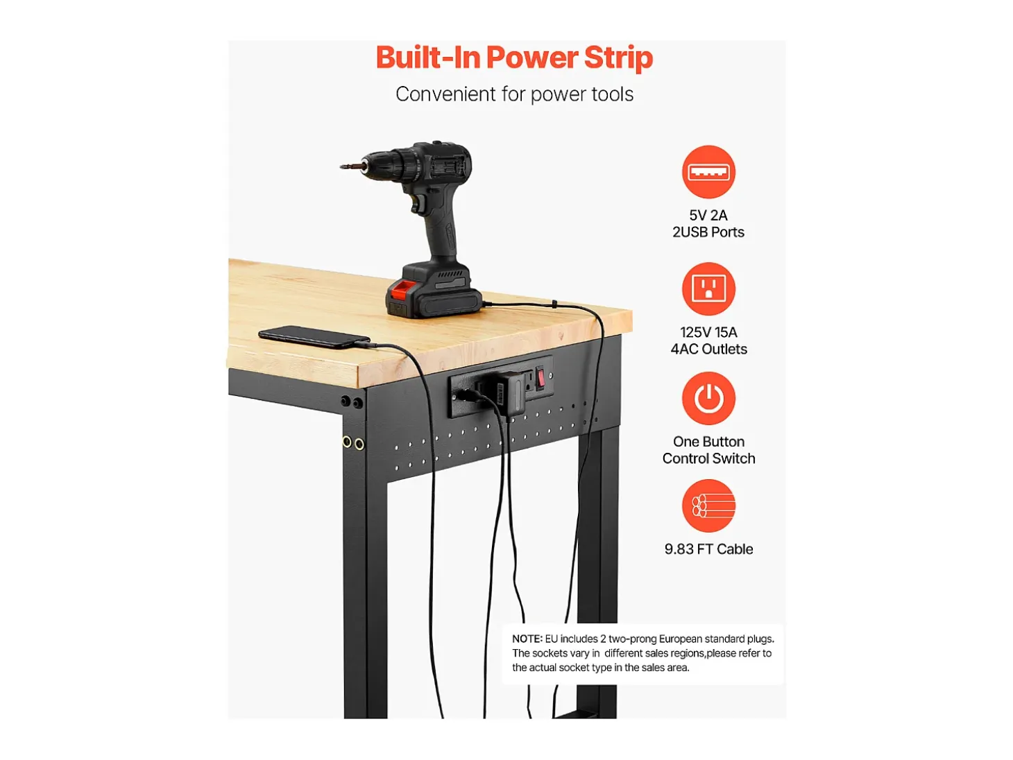 Bancada de Oficina SucceBuy, 152,4 cm, Mesa de Trabalho com Rodízios e Altura Ajustável, Capacidade de Carga 907,2 kg, em Carvalho para Escritório, Casa