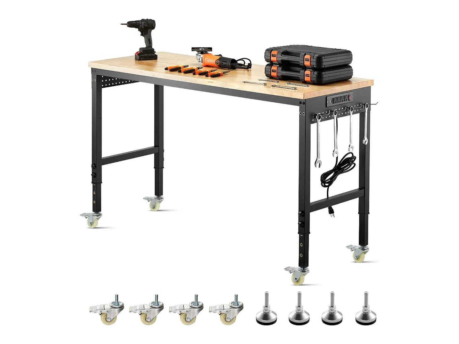 Bancada de Oficina SucceBuy, 152,4 cm, Mesa de Trabalho com Rodízios e Altura Ajustável, Capacidade de Carga 907,2 kg, em Carvalho para Escritório, Casa