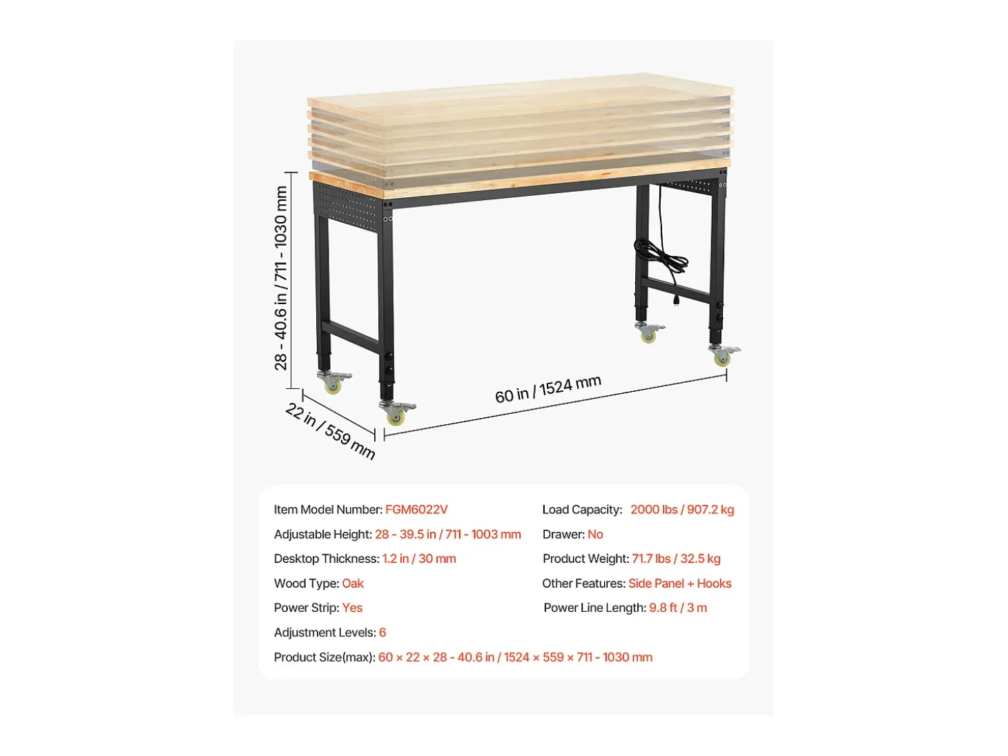 Bancada de Oficina SucceBuy, 152,4 cm, Mesa de Trabalho com Rodízios e Altura Ajustável, Capacidade de Carga 907,2 kg, em Carvalho para Escritório, Casa