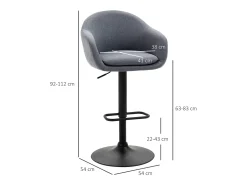 Banco alto, regulável em altura, com encosto e apoio para os pés, efeito linho, 112 cm de altura, cinza